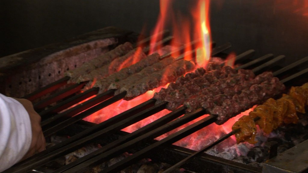 Kebabs on the grill in the Pakistani restaurant